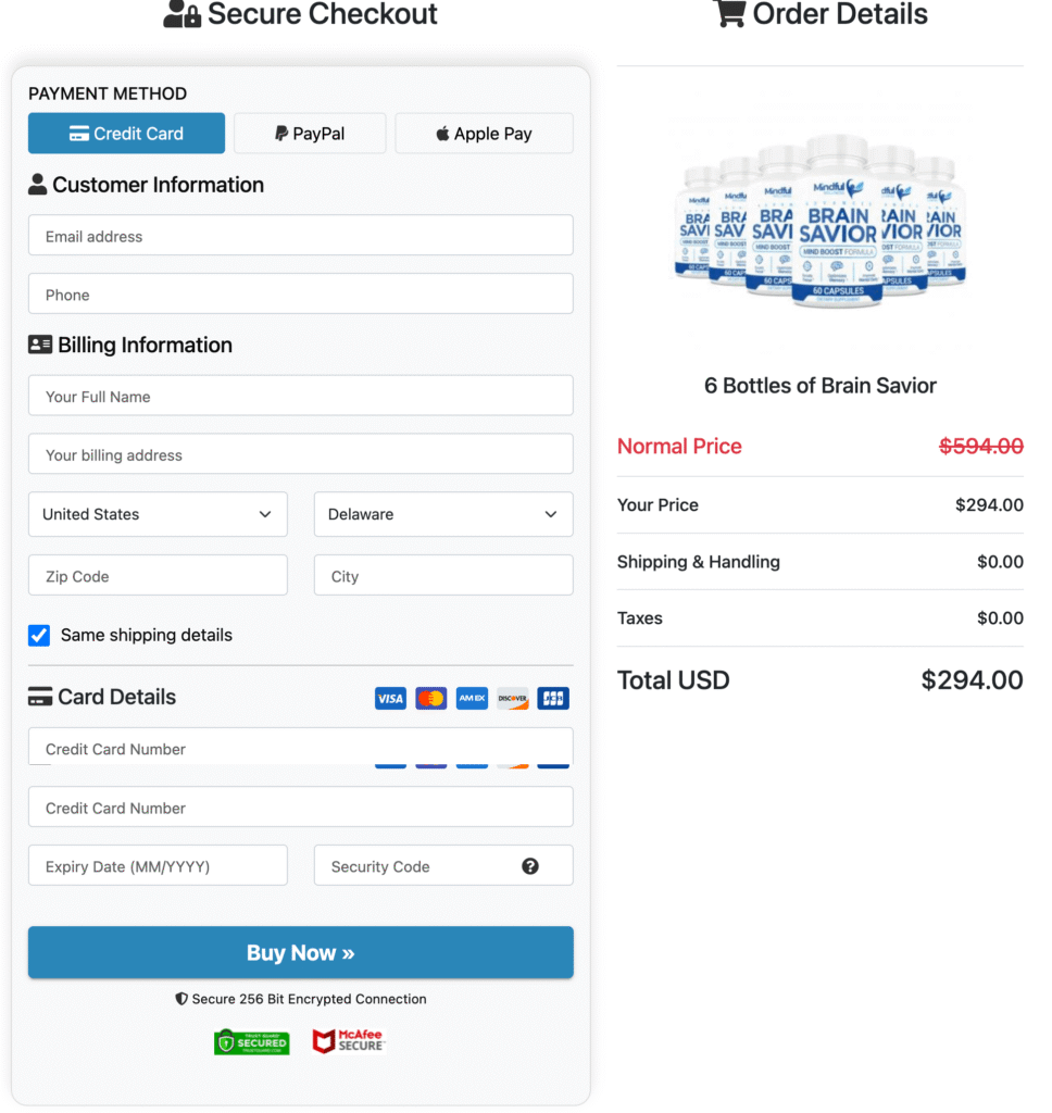 brain savior checkout page